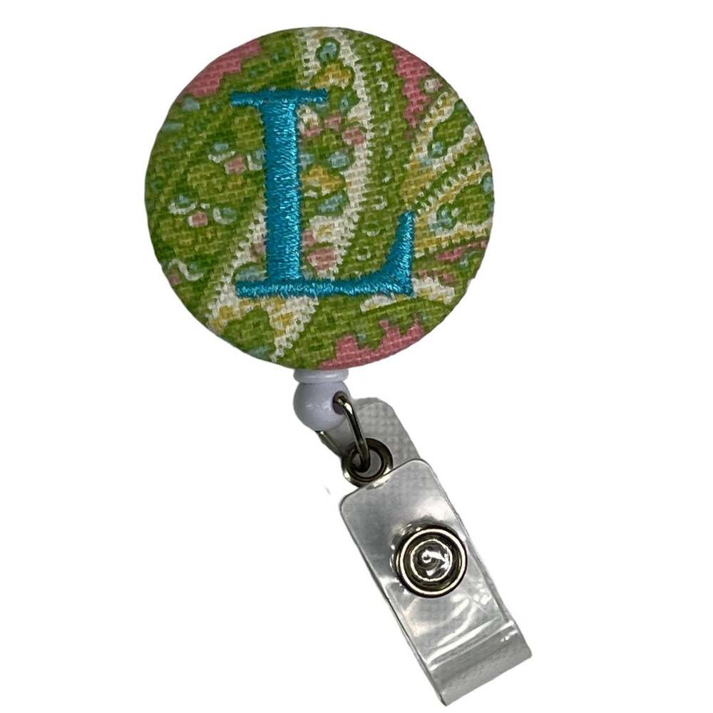 Monogrammed Initial L Retractable ID Badge Holder Reel Paisley Belt Clip Green